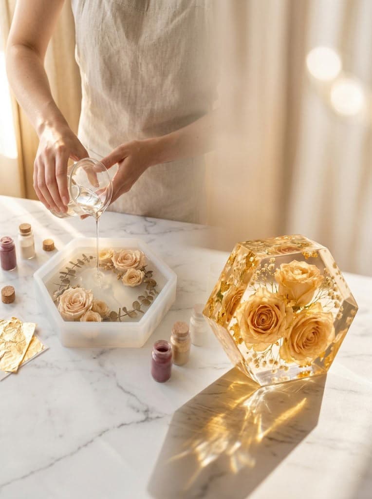 Preserved flowers in crystal-clear resin — EverBloom Melbourne studio