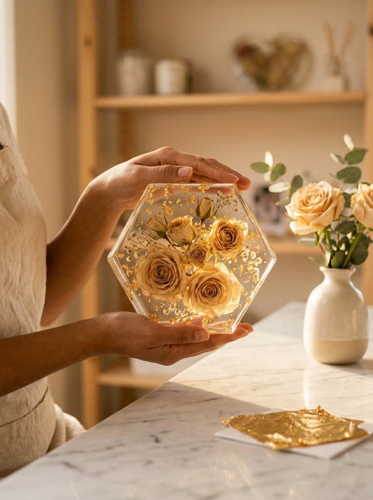 Hands carefully crafting a preserved flower resin piece