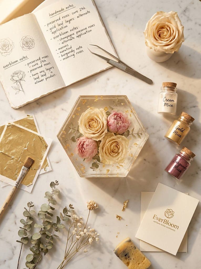 Studio flat lay of preserved flowers and resin pieces